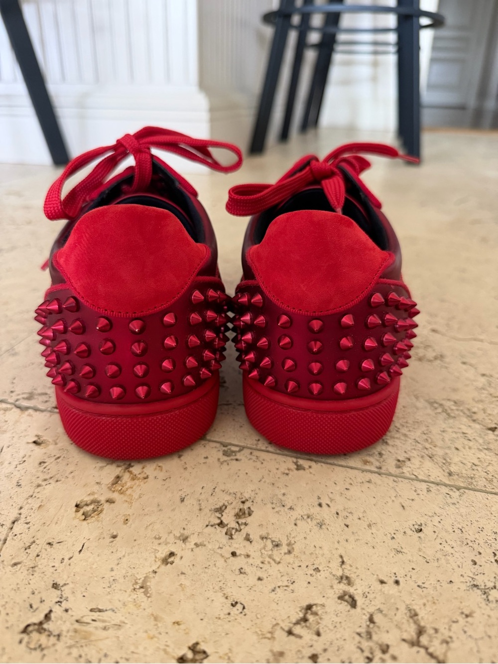 Christian Louboutin Men’s Red Spiked Low-Top Sneakers with Honeycomb Panels - Picture 6 of 7